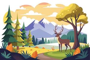 Stylized Deer with Mountain Backdrop and Trees during Sunset vector