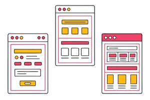 Three Website Layouts Sketch Wireframe Style With Pink Borders On White Background vector