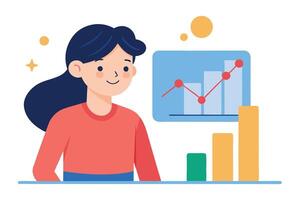 Smiling Woman with Navy Hair and Rising Chart Graph, Colorful Presentation vector