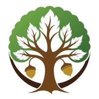Stylized Tree with Acorns, Green Foliage, and Brown Trunk in Circular Design vector