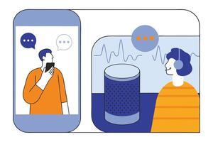 Chatting on Mobile Phone with Friend Using Voice Assistant, Flat Color vector