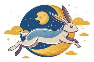 Cartoon Hare Leaping Across Moon and Night Sky with Clouds, Flat vector