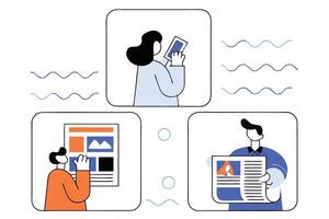 People with Tablet, Layout and Newspaper in White Background Isolated vector
