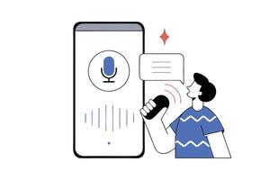Man Talking to Phone with Voice Recognition, Microphone, Speech Bubble vector