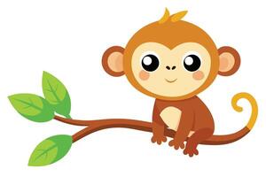 Cute Brown Monkey Cartoon Sitting on a Tree Branch with Leaves vector