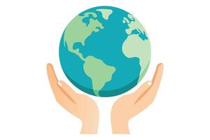 Hands Holding Globe Earth with Continents on White, Ecology Symbol, Flat Design vector