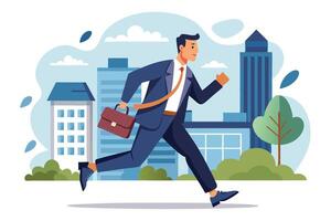 Businessman Running with Briefcase in Cityscape, Rush Hour, Late For Work, Flat vector