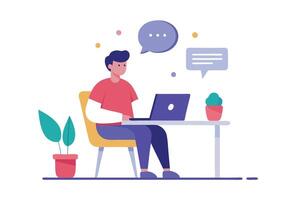 Flat Design Man with Broken Arm Using Laptop with Speech Bubbles on White vector