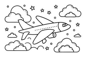 Airplane Outline with Clouds and Stars, Transparent Background, Travel Concept vector