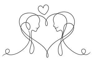 Abstract Couple Faces Silhouette in Single Line Art Style with Heart Design vector