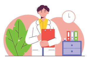 Flat doctor holds red clipboard in clinic with modern minimalist style vector