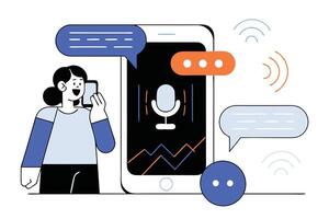 Woman Talking on Phone with Speech Bubbles and Microphone on Device Screen vector