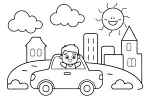 Outline Drawing with Boy in Car, Happy Sun, Clouds, and Buildings, Transparent vector