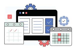 Scheduling App Interface with Calendar, Browser Window, Gears and Checkmarks Design vector