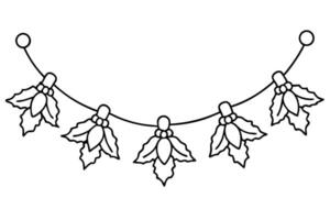 Festive Holly Garland Line Art with Berries and Leaves on Transparent Background vector