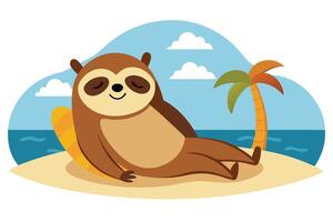 Cartoon Sloth Character Reclining on Beach Sand Beside Palm Tree and Surfboard vector