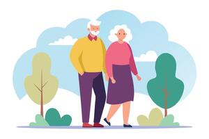 Senior Couple Strolling Together in Nature with Sky Background, Flat Design Style vector