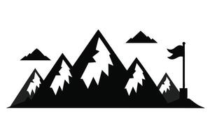 Black and White Mountain Range Peaks with Flag Silhouette on Transparent Background vector