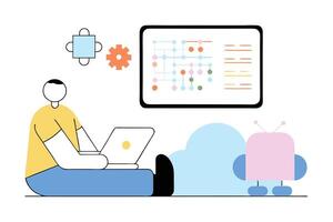 Person Using Laptop with Shapes, Chart, Cloud and Robot in Cartoon Style vector