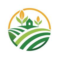 Farm Fields with House and Green Leaves in a Circle on White Background vector