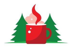 Red Mug with Steam and Pines on White Background Flat vector