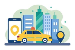 Flat Yellow Taxi Cab with Smartphone and Map Pins against Abstract Cityscape vector