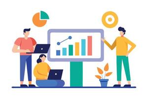 Flat of Team Discussing Bar Chart on Screen with Laptops vector