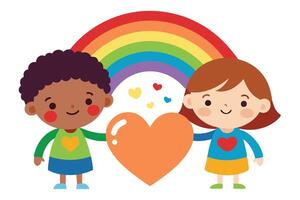 Smiling Multiethnic Children Holding Heart Shape With Rainbow on White Background vector