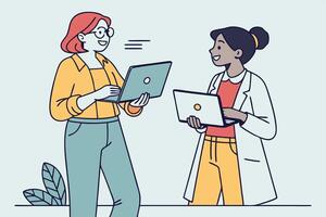 Line Art Two Smiling Women Holding Laptops, Discussing with a Light Background vector