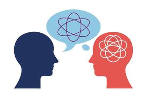 Blue Head with Atom Thought Bubble and Red Head with Tangled Lines on White vector