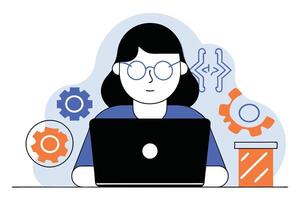 Flat of a Woman with Laptop, Surrounded by Gears and Code Icons, Modern Style vector
