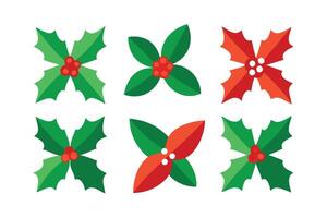 Festive Flat Holly Berries and Leaves in Red Green and White Isolated vector