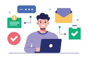 Cartoon Man With Laptop and Task List Icons on White Background, Flat Style vector