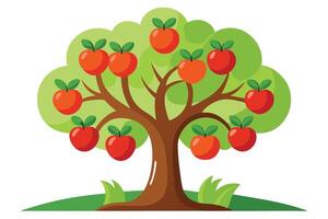 Cartoon Apple Tree with Green Leaves and Red Apples on a White Background vector