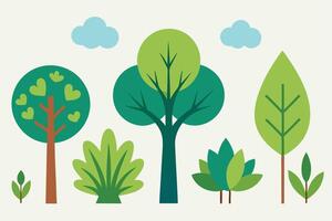 Colorful Flat Design Trees and Bushes on White Background and Clouds vector