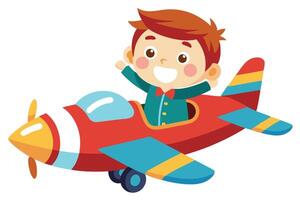 Cartoon Boy Flying in Red and Blue Airplane with Joy on a White Background vector
