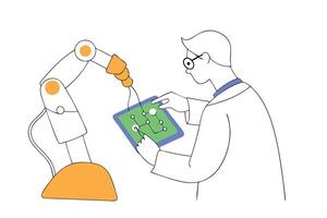 Line Art Style Scientist with Tablet Controlling Robot Arm on White Background vector