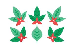 Six Green Leaves With Red Flowers Arrangement on White Background Flat Design vector