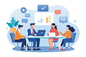 Diverse Team at Table with Laptops and Chart Icons on Light Blue Background vector