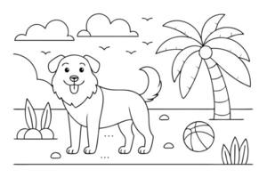Cute Cartoon Dog in Outlined Style with Palm Tree and Clouds vector