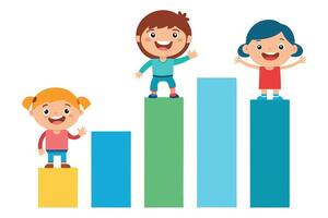 Cheerful Cartoon Children Standing Atop Colorful Bar Graph Columns on White vector