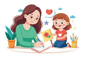 Woman and Child Drawing Flower, Heart, Clouds on Paper with White Background vector