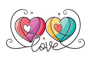 Two Decorative Hearts with 'Love' Text, Swirls, Colorful Design on White Background vector