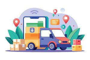 Stylized Delivery Truck Boxes Map Pointers App Flat on White Background vector