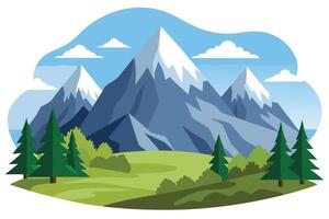 Snowy Mountain Peaks Landscape with Green Trees, Sky and Clouds on white background vector