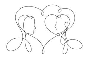 Minimalist Continuous Line Art of Two Faces Forming Heart Shape on White vector