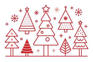 Red Line Art Christmas Trees with Stars and Snowflakes on White Background vector