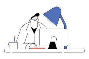 Line Art of Man in Lab Coat Working on Computer with Table Lamp on White vector