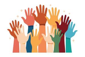 Diverse Hands Raised Up Flat Illustration, Multicultural Group on White Background vector