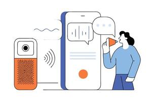 Voice Assistant Integration with Woman, Smartphone and Speaker vector